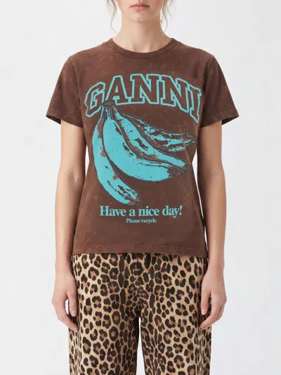 GANNI GANNI CREW NECK COTTON T-SHIRT WITH CONTRAST LOGO,I57477132
