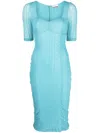 Ganni Short Sleeve Stretch Lace Ruched Midi Dress In Turquoise