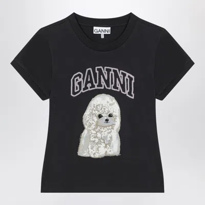 GANNI GANNI WASHED BLACK T SHIRT WITH POODLE PRINT