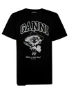 Ganni Black Crewneck T-shirt With Maxi Logo Lettering On The Front And Maxi Print On Front And Rear