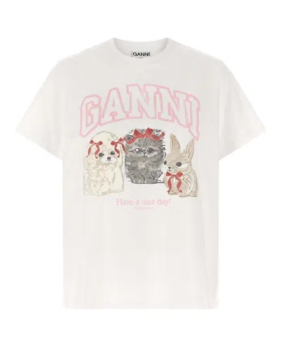 Ganni T-shirt Animals Print Bright White In Neutral