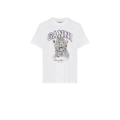 Ganni T-shirt Basic Jersey Leopard In White