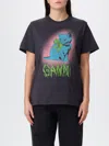 Ganni Women Black Crewneck T-shirt With Maxi Logo On The Front In Cotton Jersey Woman In Gray