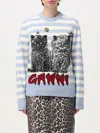 Ganni Light Blue Crewneck With Maxi Logo Print On The Front And All-over Striped Motif In Wool Blend Woman In 白色