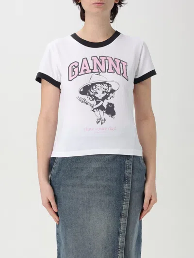 Ganni White T-shirt With Lettering Logo And Front And Back Print