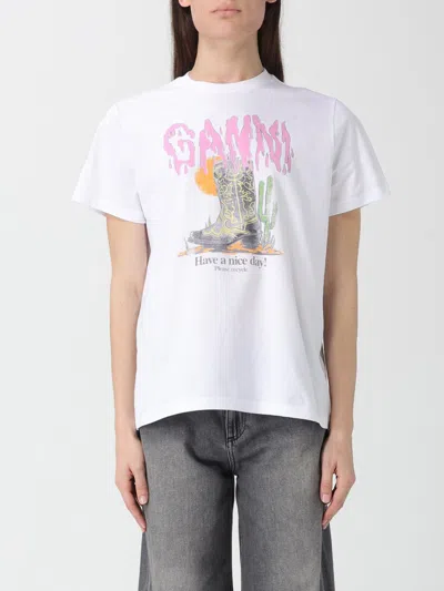Ganni Graphic Print Relaxed Fit Short Sleeve Top In White