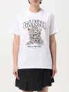 Ganni White T-shirt With Print And Logo Lettering On The Front In Cotton Woman In Weiss