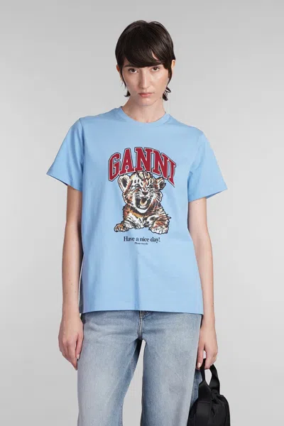 GANNI T-SHIRT IN CYAN COTTON