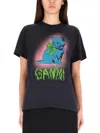 Ganni Neon Kitty Organic Cotton T-shirt In Black