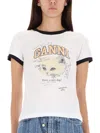 Ganni Cropped Kitty Logo Graphic Tee In White