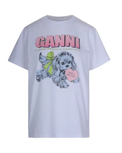Ganni T-shirt Neon Puppy Bright White In Blue