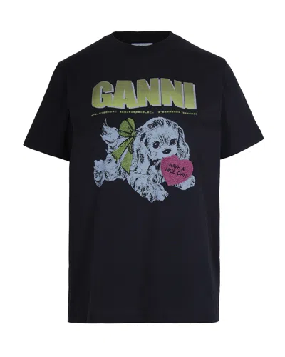 Ganni T-shirt Neon Puppy Phantom In Black
