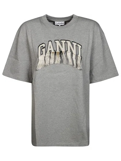 Ganni T-shirt Shoulder Fringe In Gray