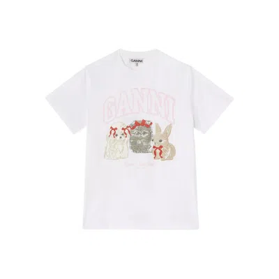 Ganni Graphic Print Crew Neck Short Sleeve Top In White