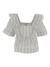 Ganni Striped Seersucker Ruffle Blouse In White