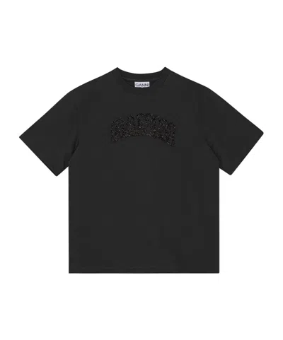 Ganni T-shirt With Logo In Lurex Thread In Black