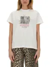 Ganni White Crewneck T-shirt With Logo Print On The Front In Cotton Woman