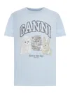Ganni Light Blue Crewneck T-shirt With Maxi Logo On The Front In Blue