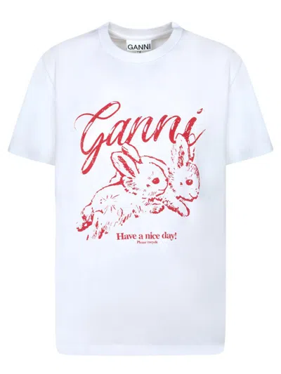 Ganni Bunny Graphic Print Crew Neck T-shirt In White