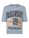 Ganni Light Blue Crewneck T-shirt With Maxi Logo Embroidery On The Front