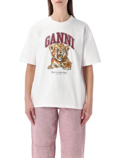 Ganni Womens Bright White Tiger-print Round-neck Cotton-jersey T-shirt Xl