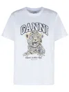Ganni White T-shirt With Print And Logo Lettering On The Front In Cotton Woman In Brown