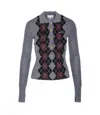 Ganni Grey Sweater With Classic Collar And Check Motif On The Front In Wool Woman In Brown