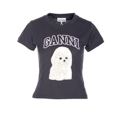 Ganni Washed Black T-shirt With Poodle Print In Animal Print