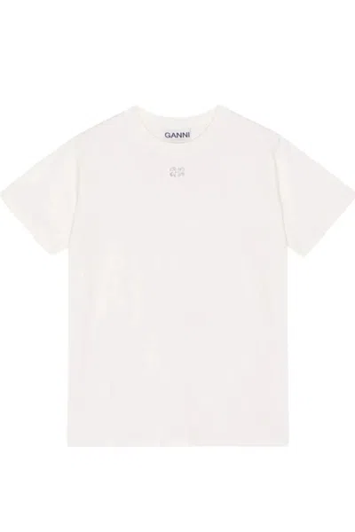 Ganni Rhinestone Logo Embroidery T-shirt In White