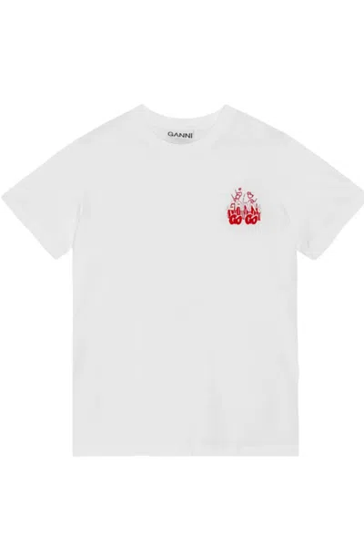 Ganni T-shirt Mit Logo-print In Bianco Chiari E Naturali