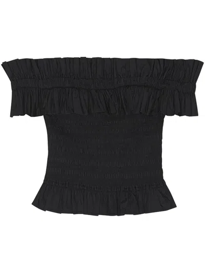 Ganni Off-the-shoulder Shirred Cotton-poplin Top In Black