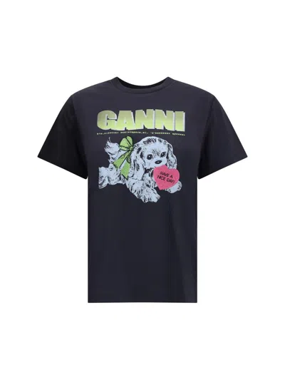 Ganni Graphic Print Crew Neck Short Sleeve Top In Black