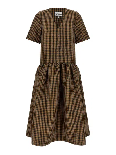 Ganni Crinckled Taffeta Checkered Dress Gathered Waist In Brown