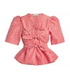Ganni Bow-detailed Gingham Crinkled-taffeta Peplum Blouse In Purple