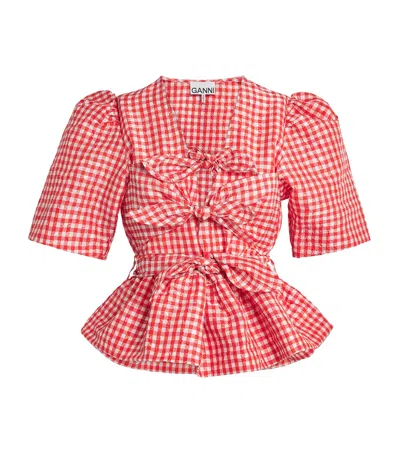 Ganni Taffeta Check Bow-tie Blouse In Red