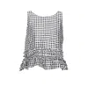 Ganni Crinkled Check Frill Top In Black