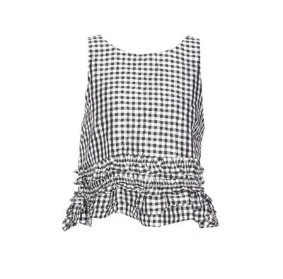 Ganni Sleeveless Checkered Ruffle Bow Tie Top In Black