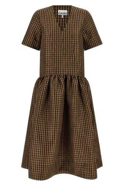 Ganni Women Brown Taffet Crinckled Dress, S Luxury Dresses For Women Darveys
