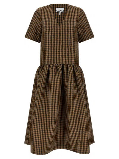 Ganni Crinckled Taffeta Checkered Dress Gathered Waist In Brown