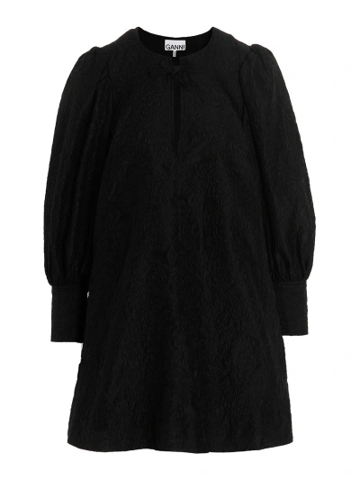 Ganni Taffeta Dress With All-over Jacquard In Black