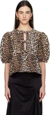Ganni Tan Leopard Cotton Poplin Peplum Tie Blouse In Black
