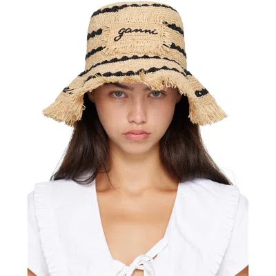 Ganni Tan Striped Raffia Bucket Hat In 999 Multicolour