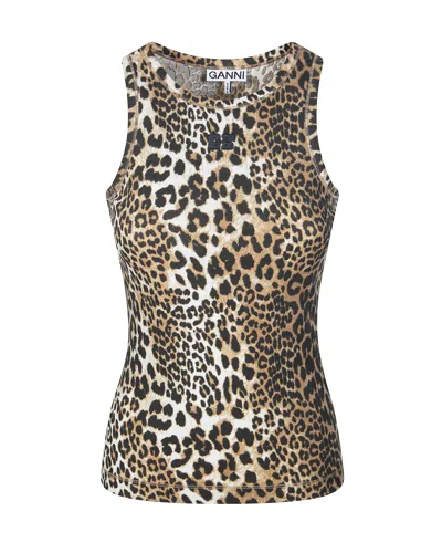 Ganni Tank Top Leopard Rib In Brown