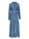 Ganni Blue Long Dress With Adjustable And Removable Waist Belt In Cotton Blend Woman In Blue
