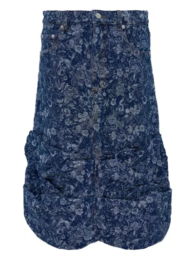 Ganni Tapestry Denim Draped Asymmetric Skirt In Blue