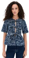 Ganni Tapestry Denim Peplum Blouse Mid Blue Stone In Blue