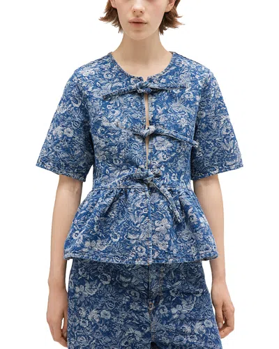 Ganni Tapestry Denim Peplum Top In Blue