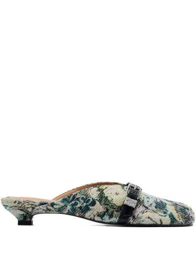 Ganni Tapestry Kitten Mules Mit Absatz In Green