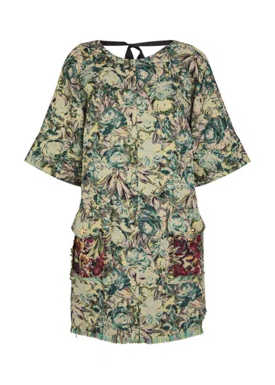 Ganni Tapestry Patterned-jacquard Woven Mini Kimono Dress In Green