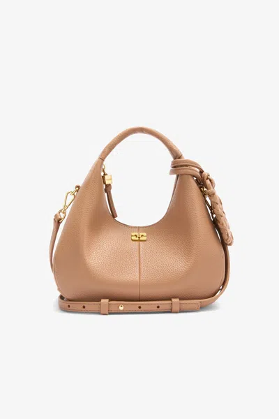 Ganni Mini Grained Hobo Bag In Brown